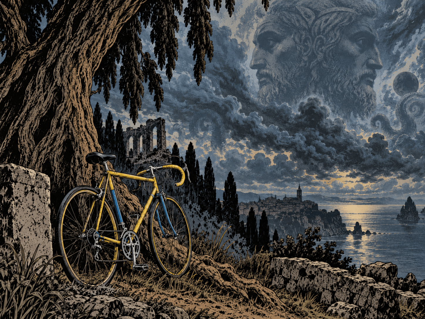 Bicicletta gialla e blu sotto un cipresso in un racconto horror su Giano