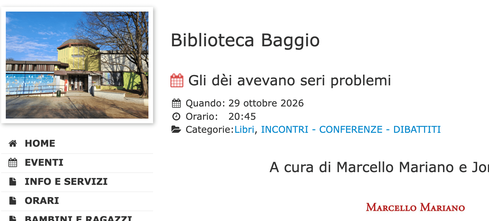 Gli dèi avevano seri problemi, evento di mitologia alla Biblioteca Baggio di Milano